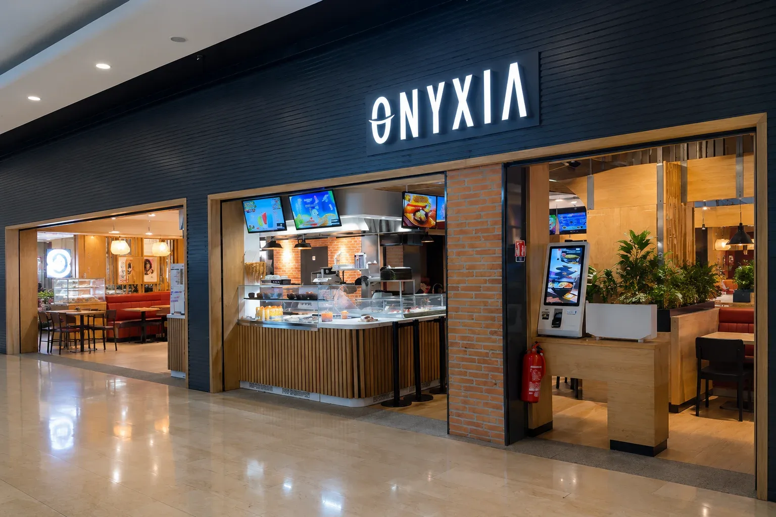 Intérieur du restaurant Onyxia O'Parinor — décor bois et noir, food court moderne