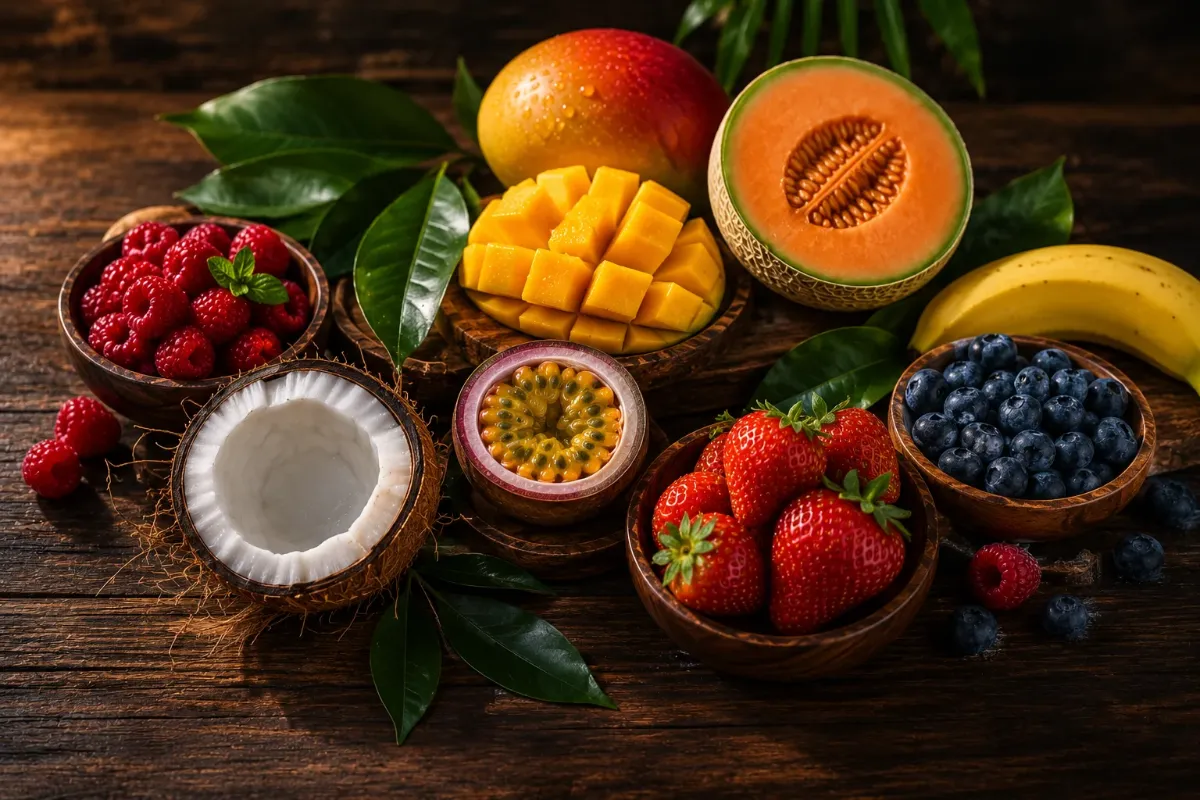 Sélection de 9 fruits frais pour smoothie personnalisé Onyxia : mangue, melon, fraise, myrtille, ananas, banane, framboise, passion, coco