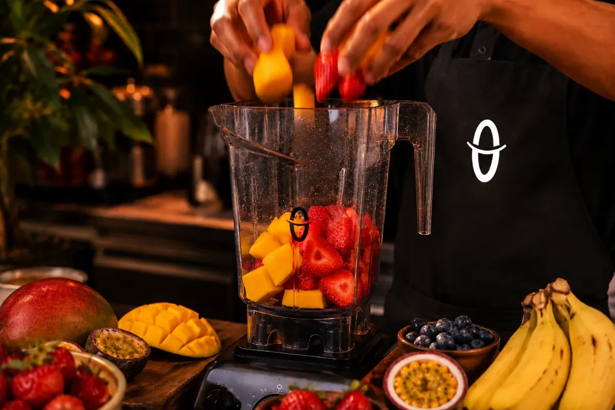 Préparation d'un smoothie frais avec des fruits entiers chez Onyxia